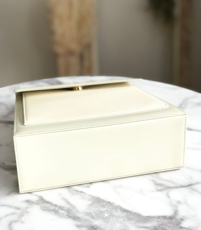 Yves Saint Laurent Logo Embossed Fabric Leather Handbag White Off-White Vintage Old d226gd