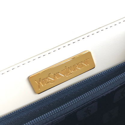 Yves Saint Laurent Logo Embossed Fabric Leather Handbag White Off-White Vintage Old d226gd