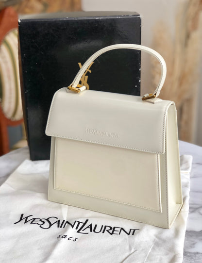 Yves Saint Laurent Logo Embossed Fabric Leather Handbag White Off-White Vintage Old d226gd