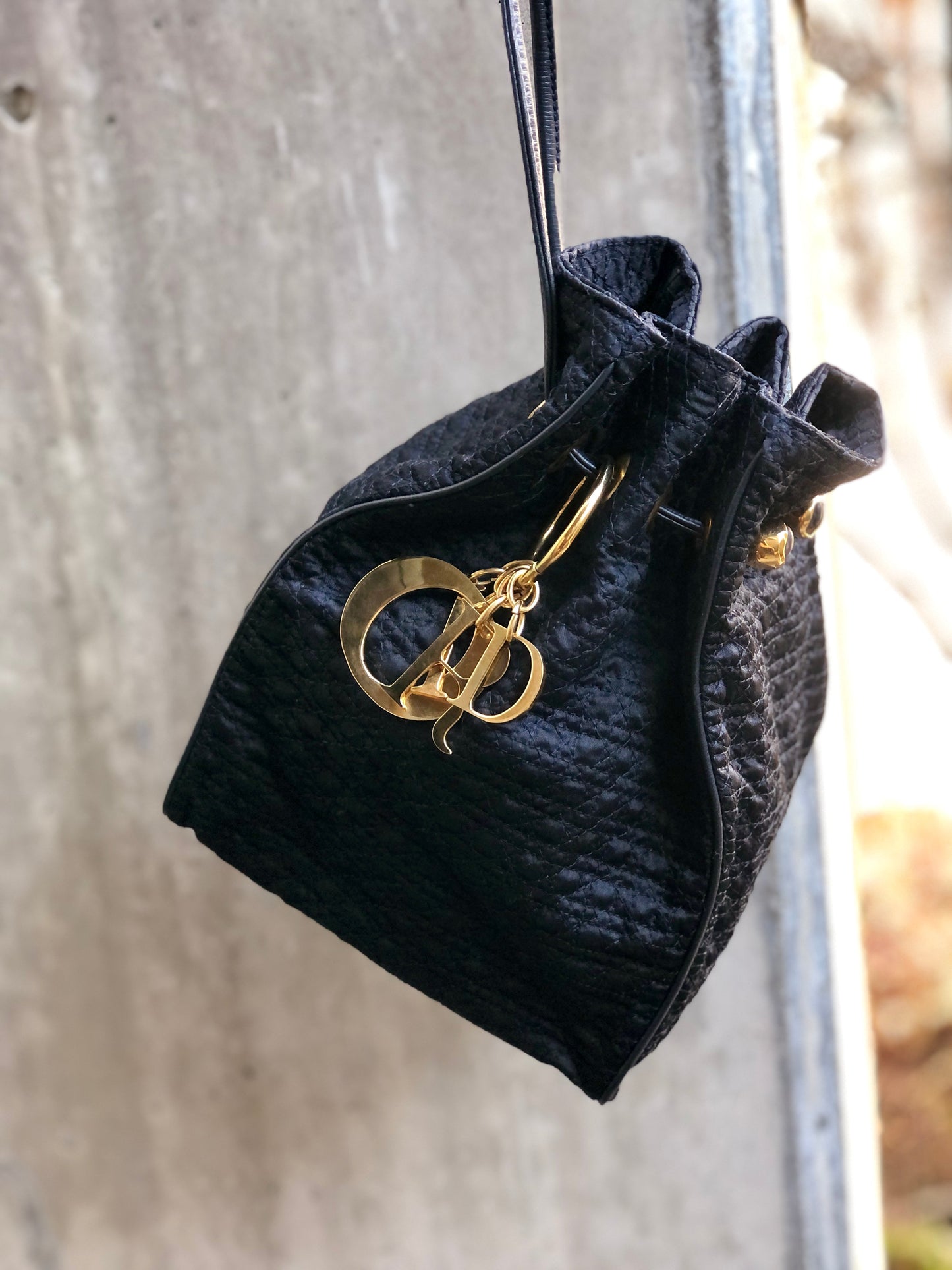 Christian Dior Cannage Charm Drawstring Nylon Small Handbag  Black Vintage Old 4esbeg