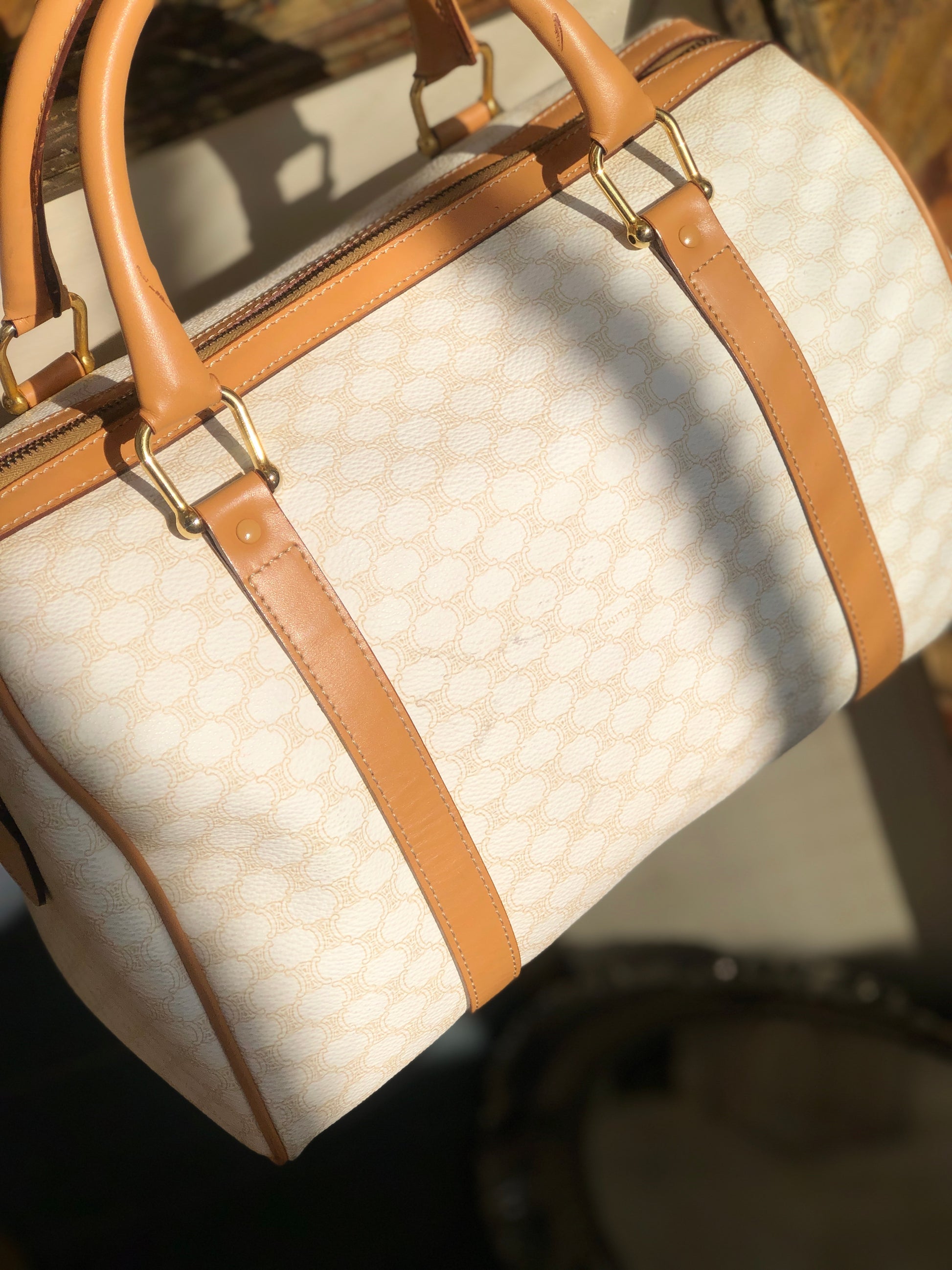 CELINE Macadam Blason embossed Bostonbag Handbag White Vintage Old Celine  ceni8m