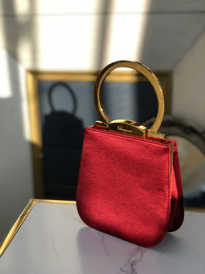 Salvatore Ferragamo Gancini metal handle silk mini bag handbag red gold vintage old nzb8i5