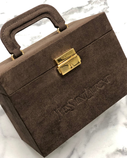 Yves Saint Laurent Logo embossed Suede Vanity bag Handbag Brown Vintage Old YSL vhfxdu