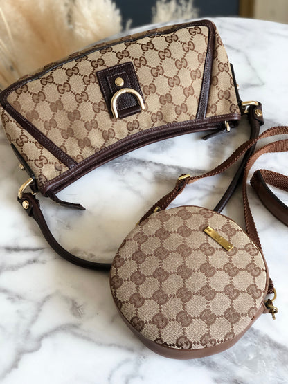 GUCCI Logo Plate GG Canvas Leather Circle Round Mini Bag Pochette Shoulder Bag Beige Brown Vintage Old Gucci fpg7wa