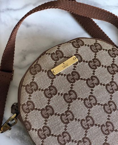 GUCCI Logo Plate GG Canvas Leather Circle Round Mini Bag Pochette Shoulder Bag Beige Brown Vintage Old Gucci fpg7wa
