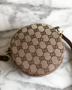 GUCCI Logo Plate GG Canvas Leather Circle Round Mini Bag Pochette Shoulder Bag Beige Brown Vintage Old Gucci fpg7wa