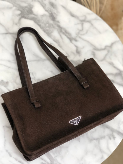 PRADA Triangle logo Metal clasp Tote bag Pig suede Brown Vintage Old x8twc6