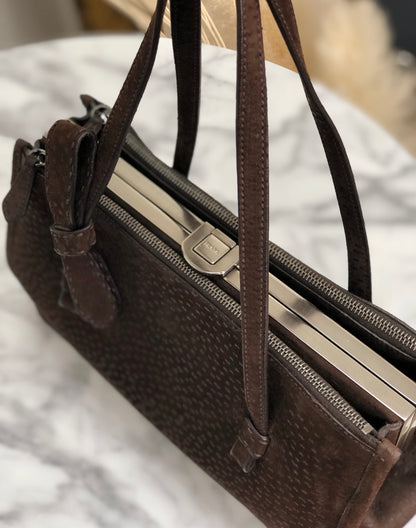 PRADA Triangle logo Metal clasp Tote bag Pig suede Brown Vintage Old x8twc6