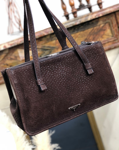 PRADA Triangle logo Metal clasp Tote bag Pig suede Brown Vintage Old x8twc6