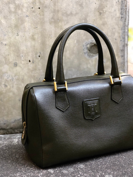 CELINE Blason embossed Bostonbag Handbag  Khaki Vintage Old CELINE 32rshv
