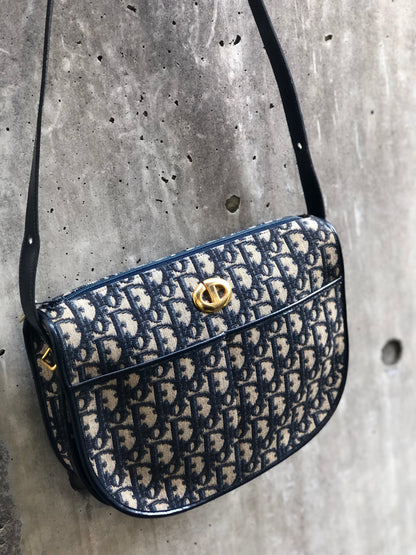 Christian Dior Logo Trotter Oblique Round Jacquard Shoulder bag Navy Vintage Old bpd7zc