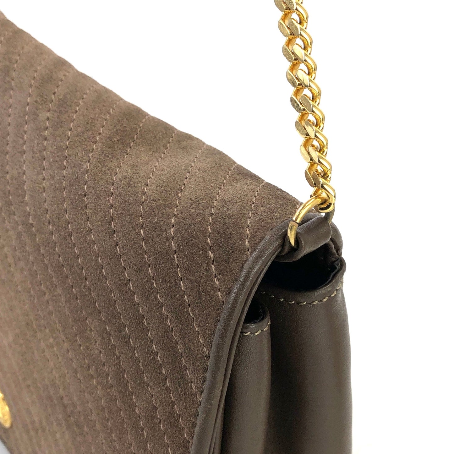 CELINE Blason Diagonal stitch Suede Leather Chain Crossbody Mini Shoulderbag Brown Old CELINE Vintage dajnrn