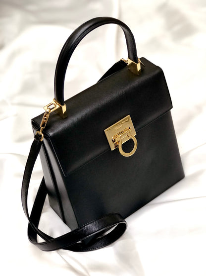 Salvatore Ferragamo Gancini 壓花皮革 2way 肩包 Bandbag 黑色 復古 舊 jbv5dw