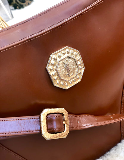 Yves Saint Laurent  YSL Octagon Logo Leather  Shoulder Bag Brown Vintage Vintage Old ddrg5b