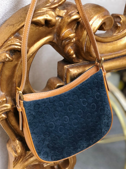 CELINE C Macadam 絨面革手提包 Hobobag 肩包海軍藍駝色 Old Celine Vintage cf3mff