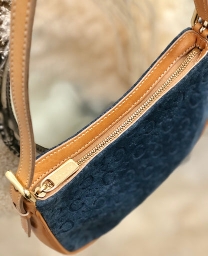 CELINE C Macadam 絨面革手提包 Hobobag 肩包海軍藍駝色 Old Celine Vintage cf3mff