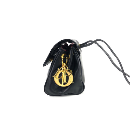 Christian Dior Cannage Logo Charm 皮革迷你包款肩背包 Pochette 黑色復古舊 g8k6nf