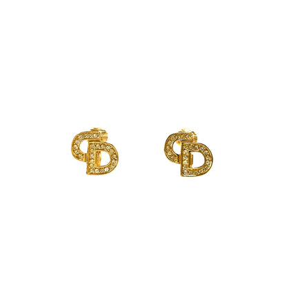 Christian Dior CD Logo Rhinestone Earrings Gold Vintage jnecbe