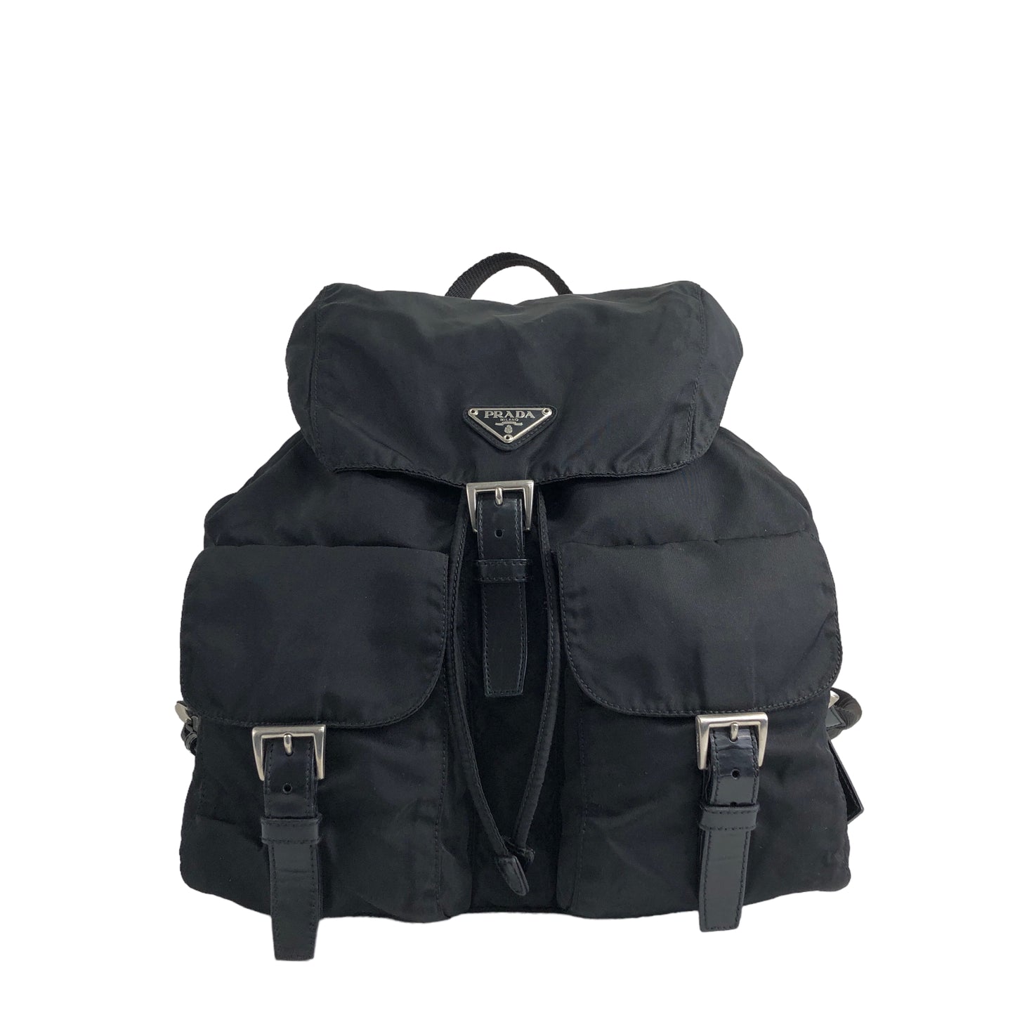 PRADA Triangle Logo Front Buckle Double Pocket Nylon Backpack Black Vintage gpcbdn