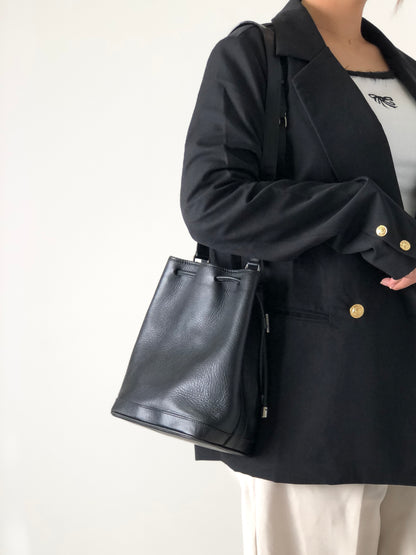 CELINE 標誌皮革抽繩肩背包黑色復古 ny8ngc 