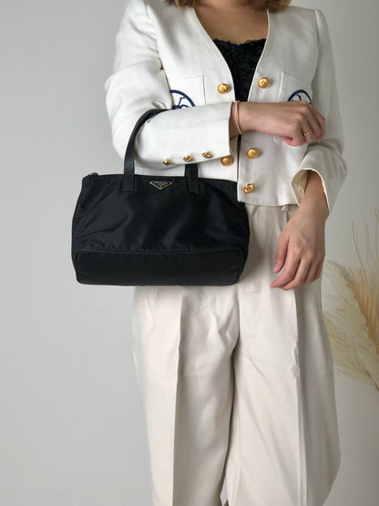 PRADA Triangle Logo Nylon Handbag Black Vintage hdamrs