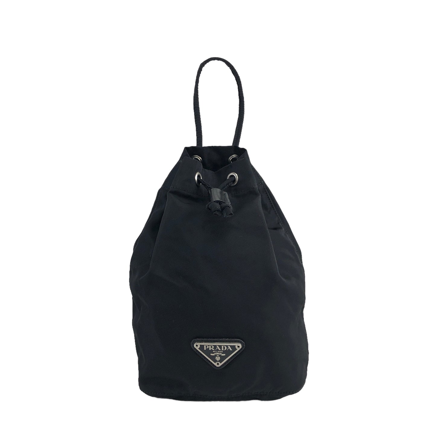 PRADA Triangle Logo Nylon Drawstring Small Handbag Black Vintage s2v2ex