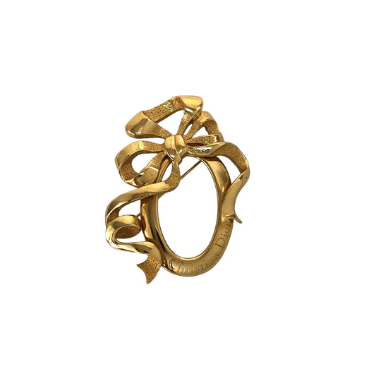 Christian Dior Ribbon Motif Brooch Gold Vintage ihgby8