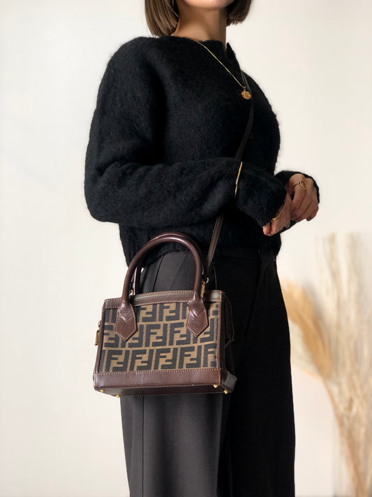 FENDI Zucca Jacquard Leather Two-way Handbag Shoulder bag Brown Vintage n3b6d8
