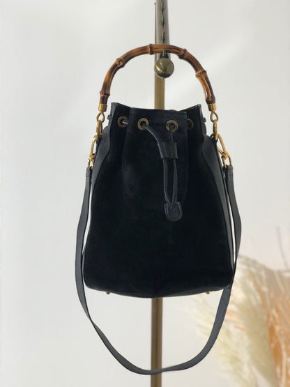 GUCCI Bamboo Handle Suede Two-way Drawstring Handbag Shoulder bag Black Vintage z3v3su