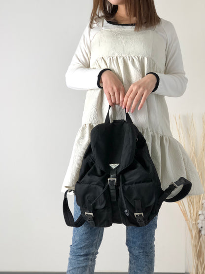 PRADA Triangle Logo Double Pocket Nylon Backpack Black Vintage dng5yz
