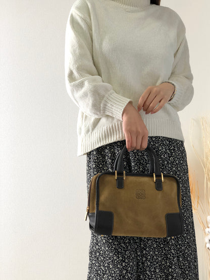 LOEWE Amazona27 Anagram Suede Leather Small Boston bag Handbag Beige Vintage va4cz8