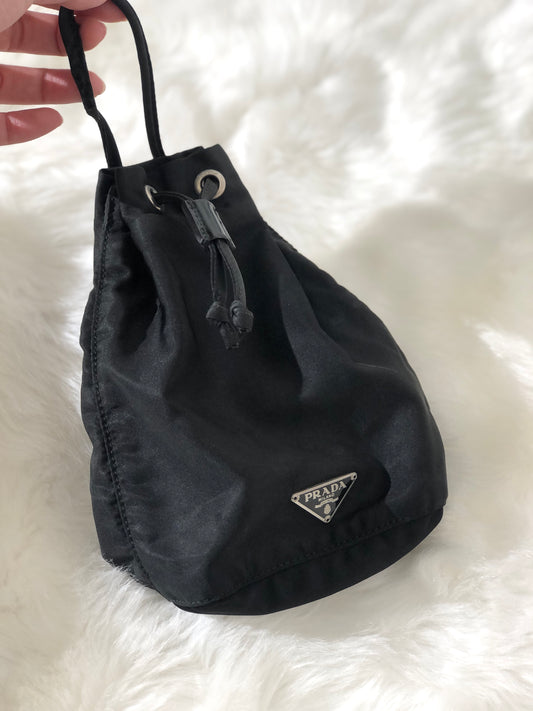 PRADA Triangle Logo Nylon Drawstring Smallbag Handbag Black Vintage imrxv2