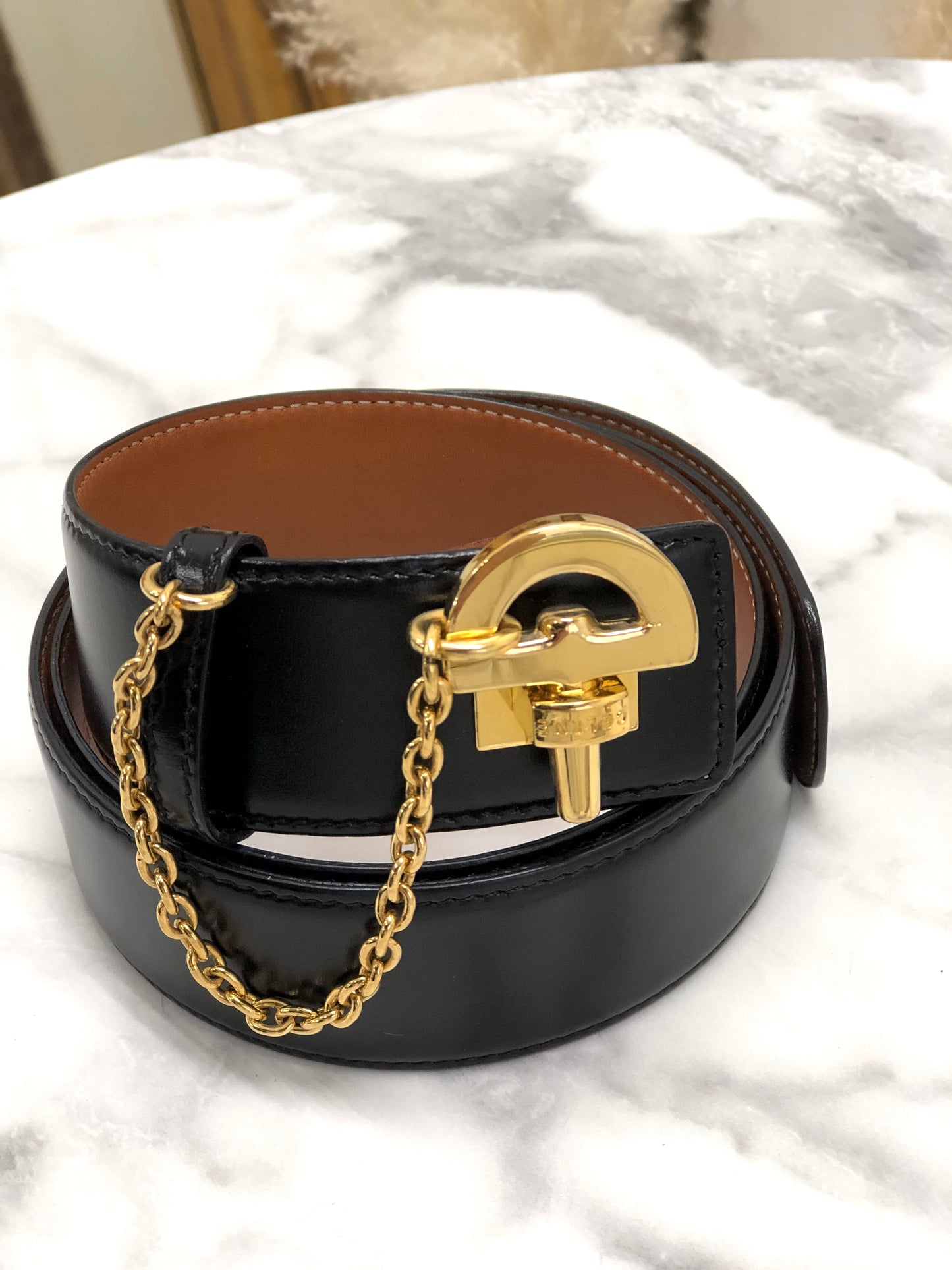 CELINE Horse Bit Chain Leather Belt Black Vintage uytb44