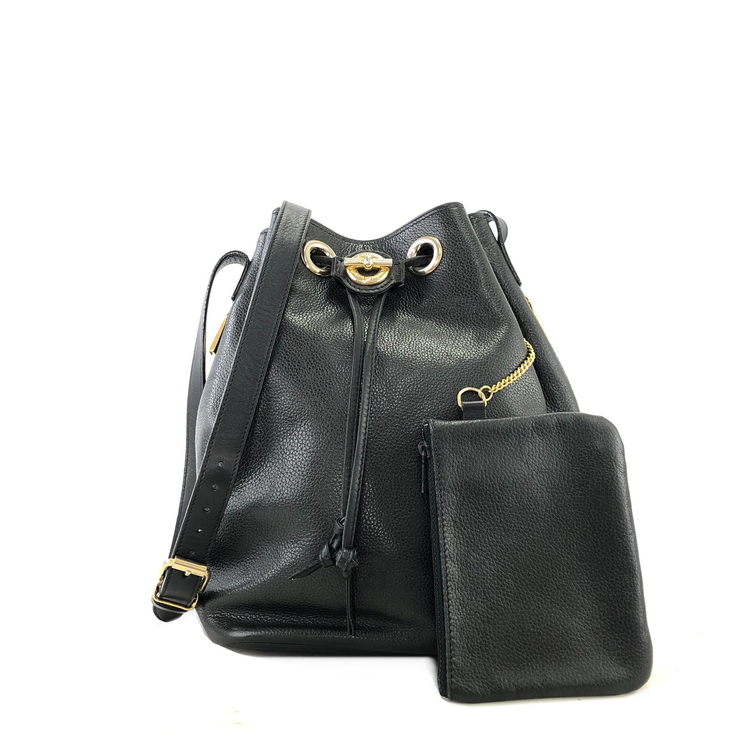 CELINE Toggle clasp Leather Drawstring Shoulder bag Black Vintage gzwn5b