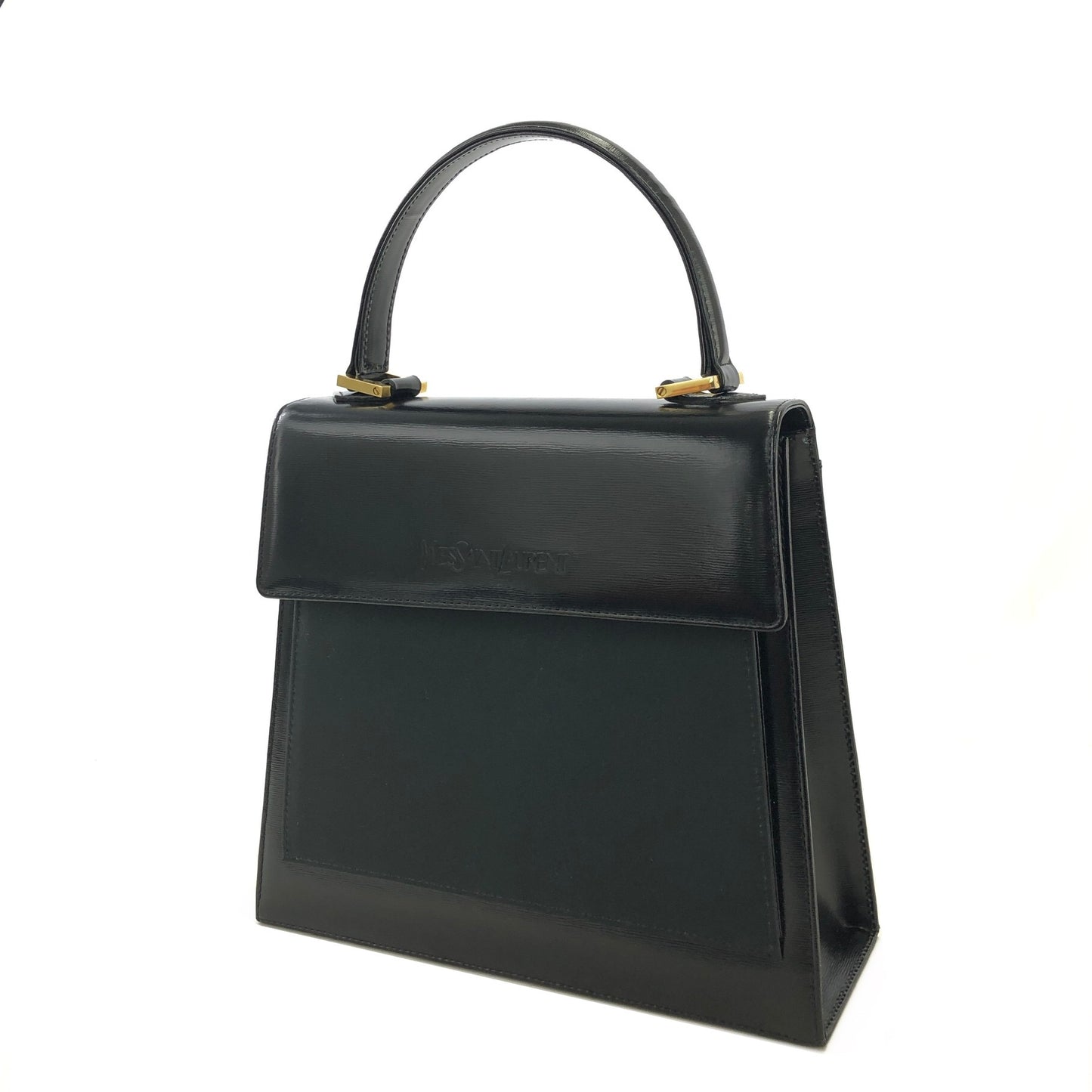 Yves Saint Laurent Logo Nylon Leather Top Handle Handbag Black Vintage w3hmrm