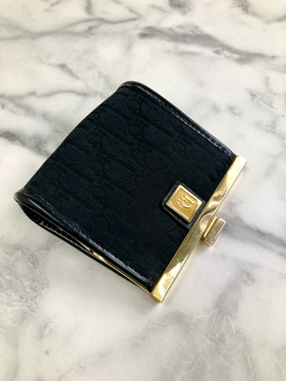 Christian Dior Trotter 標誌金屬扣提花皮革零皮夾黑色復古 wd4fgy 
