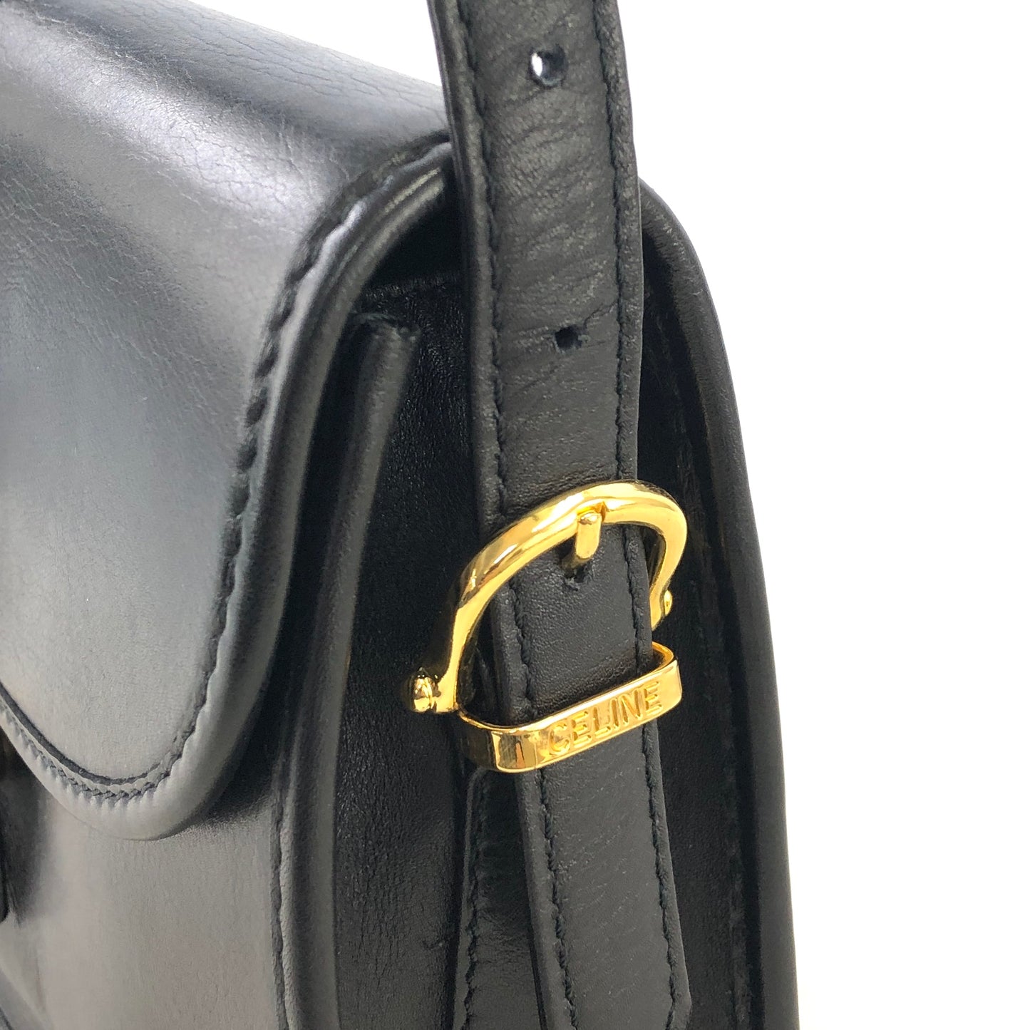 CELINE Gancini Round Leather Shoulder bag Black Vintage s8bsaf