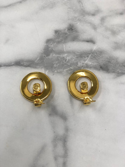 CELINE Logo Circle Logo Motif  Earrings Gold Vintage nad5px