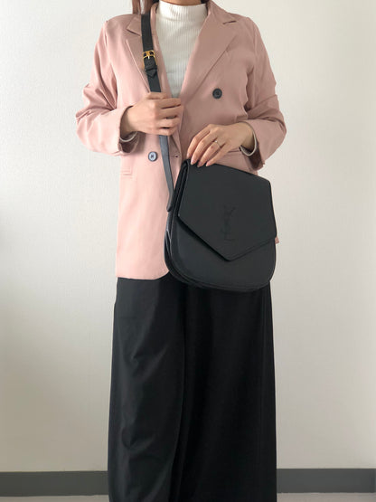 Yves Saint Laurent YSL Logo Stitch Leather Shoulder bag Black Vintage  njbegc