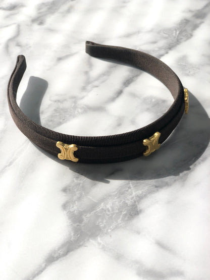 CELINE Triomphe Blason 織物髮帶棕色復古 sbnt2v 