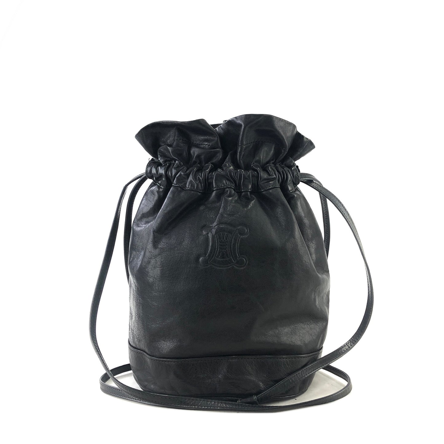 CELINE Blason Logo Motif Embossed Leather Drawstring  Shoulder bag Black Vintage s2mnrf