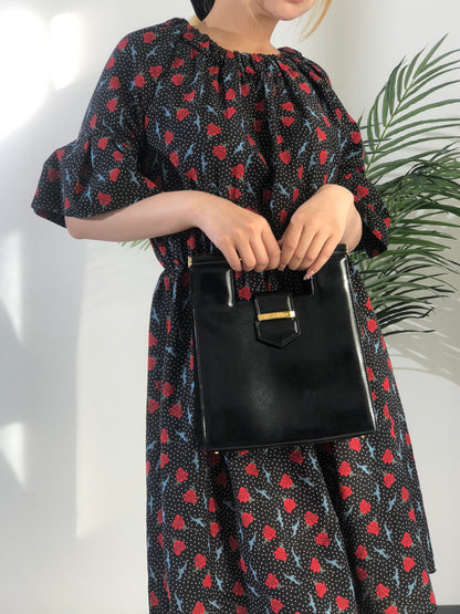 Yves Saint Laurent Logo Metal Bar Handle Leather Handbag Black Vintage vgabsa