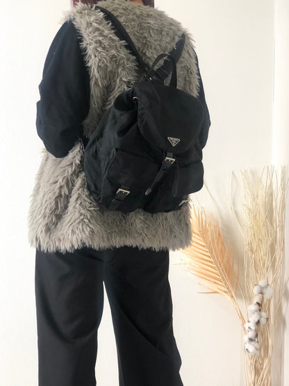 PRADA Triangle Logo Double Pocket Nylon Backpack Black Vintage izcwku