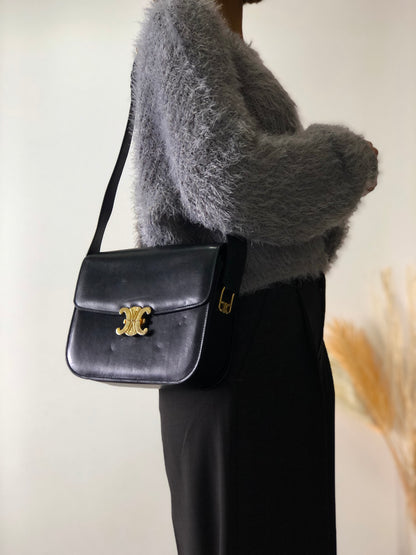 CELINE Triomphe Leather Crossbody Shoulder bag Black Vintage iv4xyc
