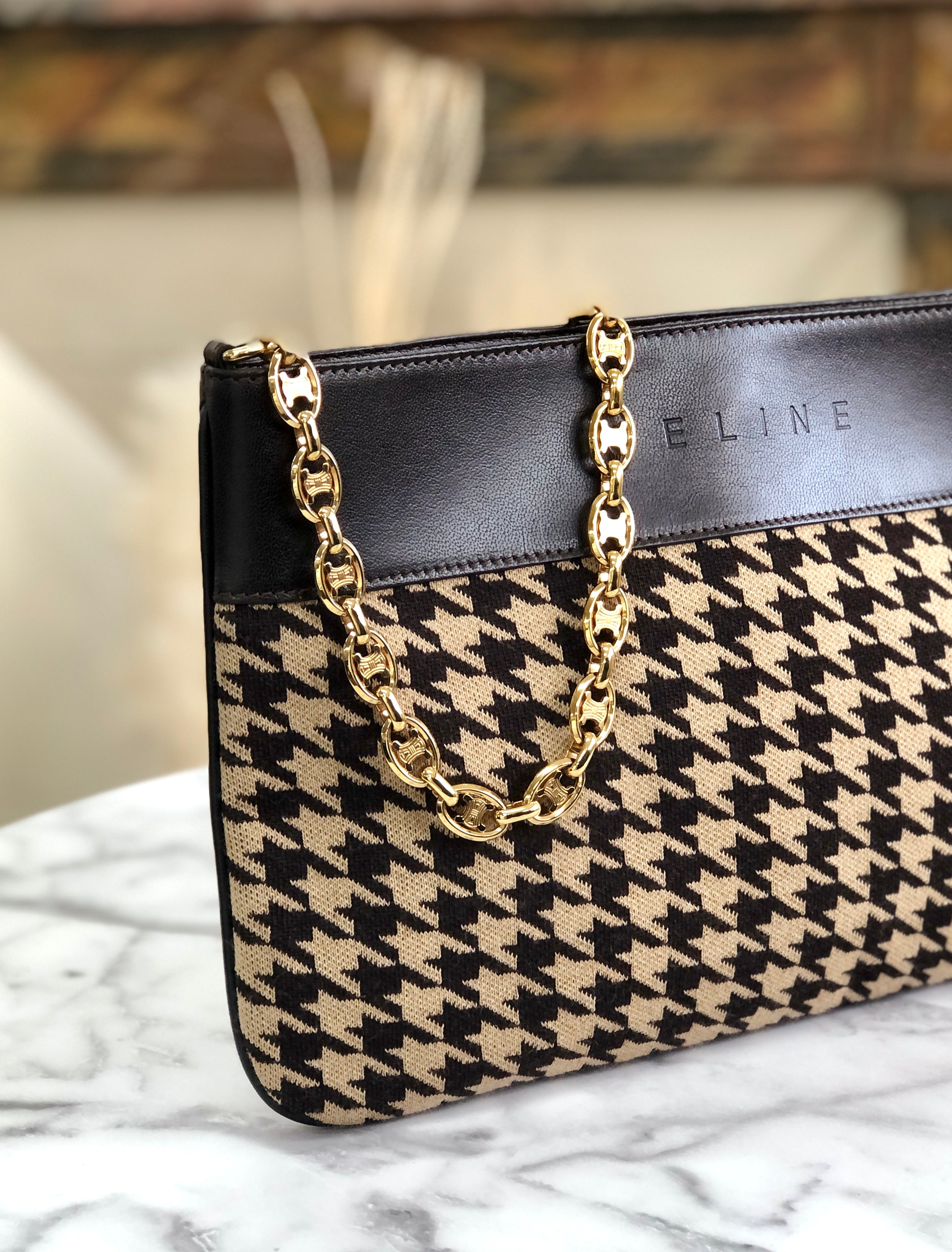 CELINE Triomphe Chain Houndstooth Fabric Leather Handbag Chain Shoulde VintageShop solo