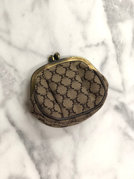 CELINE Blason Metal Clasp Fabric Coin Purse Brown Vintage nwnxjw