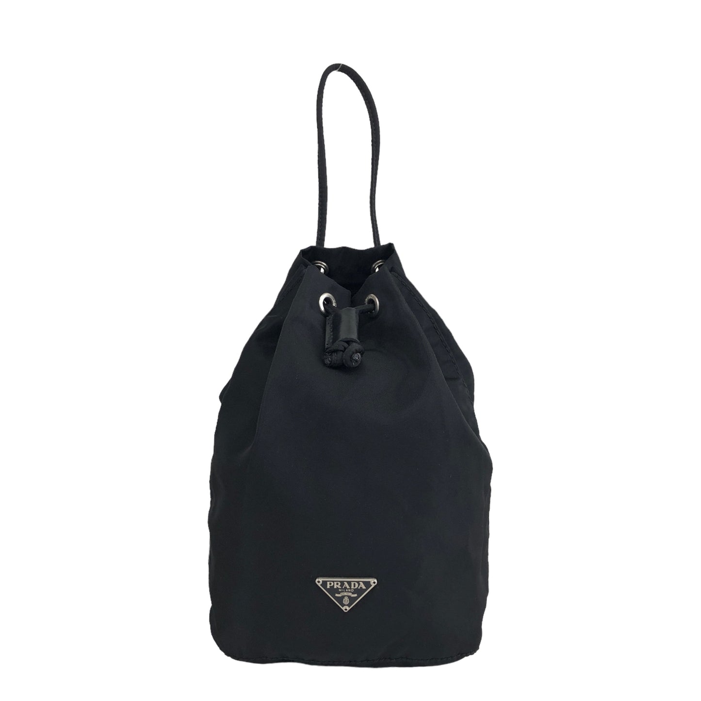 PRADA Triangle Logo Nylon Drawstring Small Handbag Black Vintage du3jkk