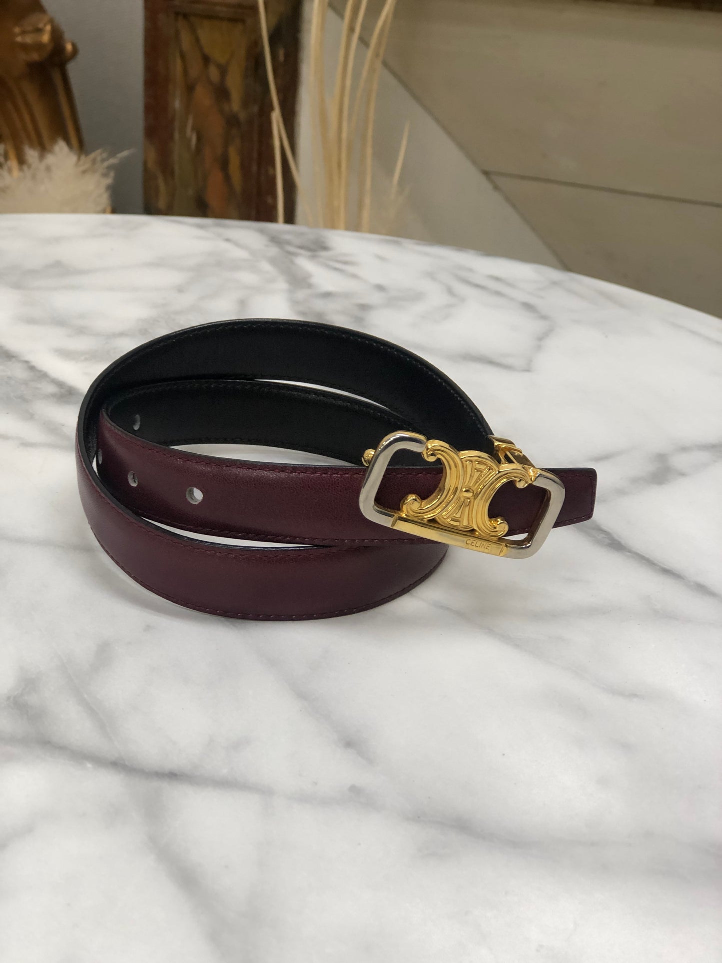 CELINE Triomphe Beversible Leather Belt Black Bordeaux Vintage p2adzk