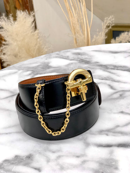 CELINE Horse Bit Chain Leather Belt Black Vintage uytb44