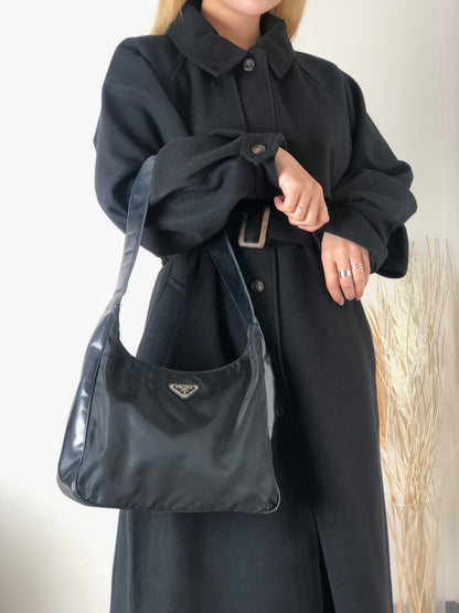 PRADA Triangle Logo Nylon Leather Shoulder bag Hobobag Black Vintage na2ut2
